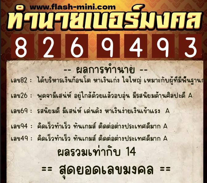 ทำนายเบอร์มงคล 0XX-8269493  ทำนายเบอร์มงคล หมายเลข 083-826949 