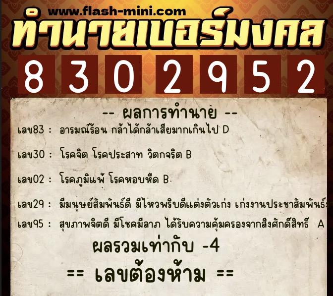 ทำนายเบอร์มงคล 0XX-8302952  ทำนายเบอร์มงคล หมายเลข 082-830295 