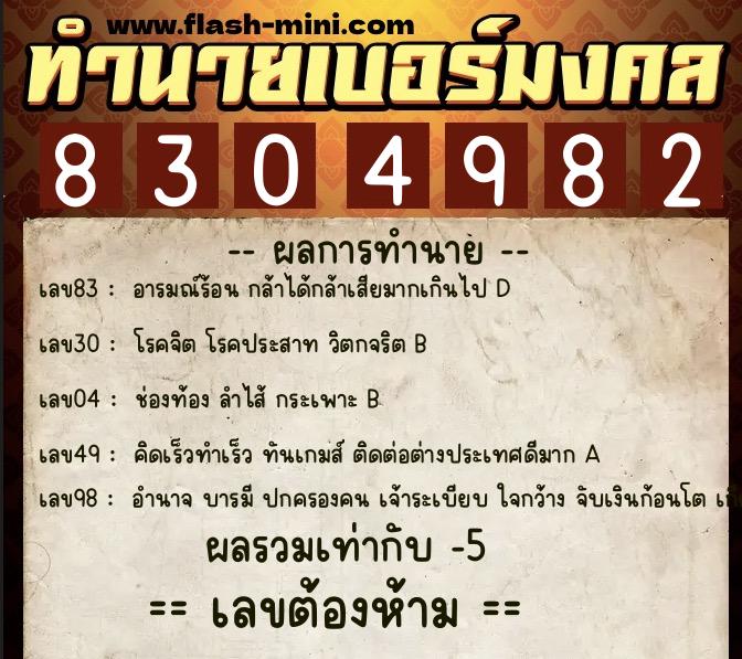 ทำนายเบอร์มงคล 0XX-8304982 ทำนายเบอร์มงคล หมายเลข 061-830498 ทำนายเบอร์มงคล 0XX-8304982 ทำนายเบอร์มงคล หมายเลข 061-830498