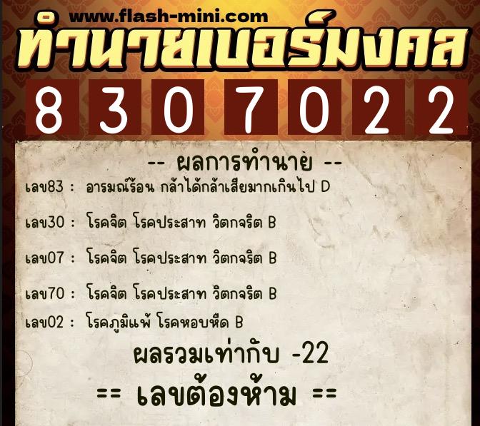 ทำนายเบอร์มงคล 0XX-8307022  ทำนายเบอร์มงคล หมายเลข 084-830702 