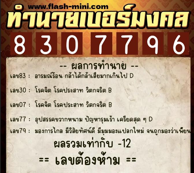 ทำนายเบอร์มงคล 0XX-8307796  ทำนายเบอร์มงคล หมายเลข 092-830779 