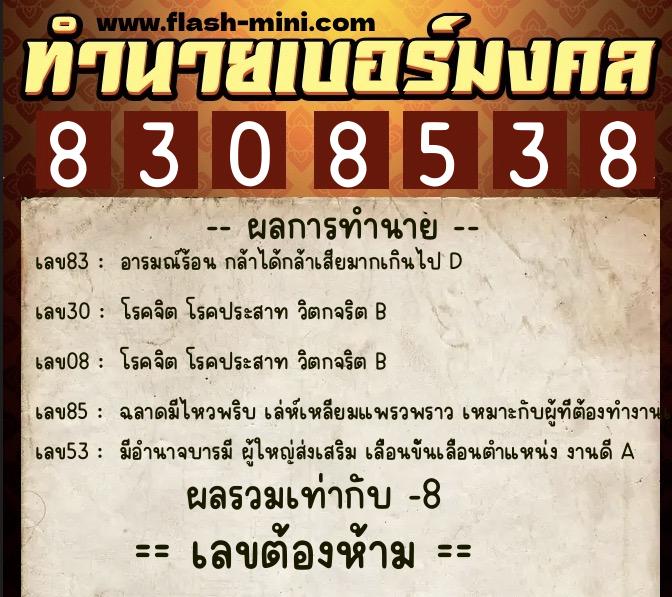 ทำนายเบอร์มงคล 0XX-8308538  ทำนายเบอร์มงคล หมายเลข 064-830853 
