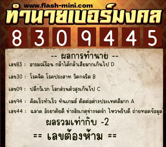 ทำนายเบอร์มงคล 0XX-8309445  ทำนายเบอร์มงคล หมายเลข 068-830944 