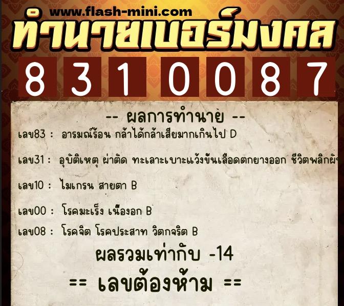 ทำนายเบอร์มงคล 0XX-8310087  ทำนายเบอร์มงคล หมายเลข 090-831008 