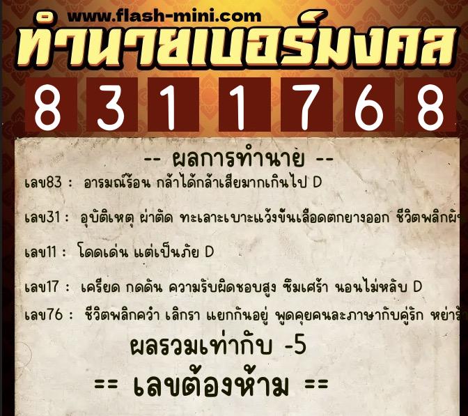 ทำนายเบอร์มงคล 0XX-8311768  ทำนายเบอร์มงคล หมายเลข 065-831176 