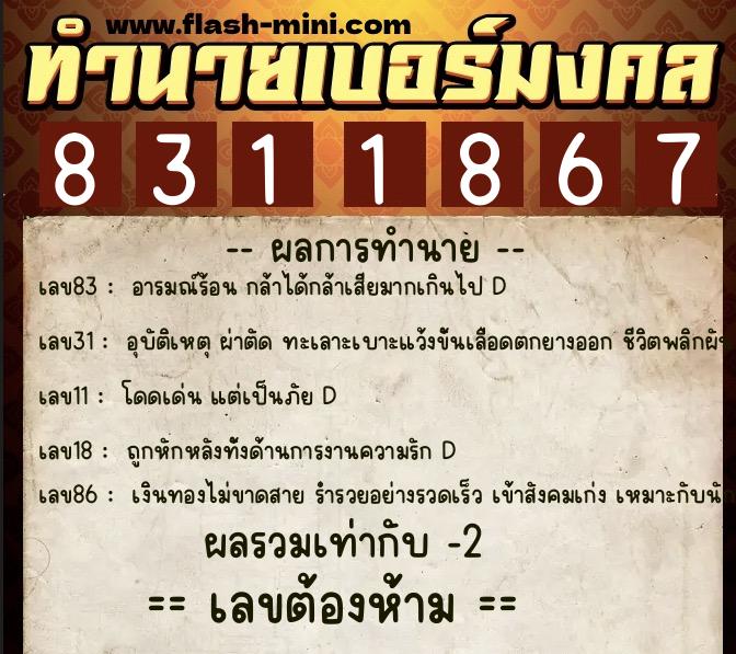 ทำนายเบอร์มงคล 0XX-8311867  ทำนายเบอร์มงคล หมายเลข 095-831186 