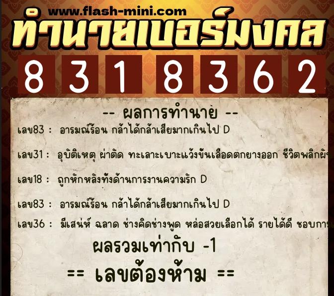 ทำนายเบอร์มงคล 0XX-8318362 ทำนายเบอร์มงคล หมายเลข 088-831836 ทำนายเบอร์มงคล 0XX-8318362 ทำนายเบอร์มงคล หมายเลข 088-831836