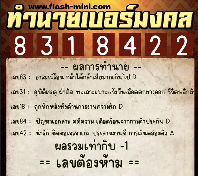ทำนายเบอร์มงคล 0XX-8318422  ทำนายเบอร์มงคล หมายเลข 093-831842 