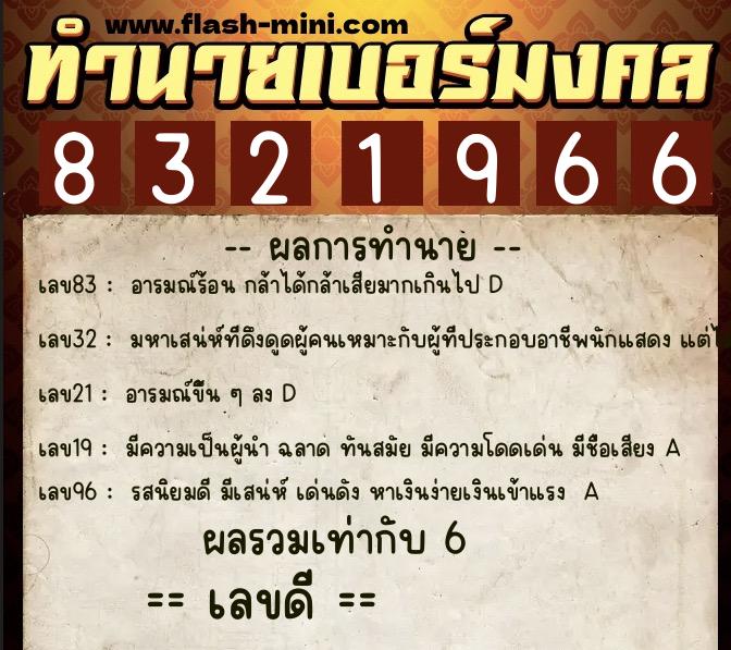 ทำนายเบอร์มงคล 0XX-8321966  ทำนายเบอร์มงคล หมายเลข 080-832196 