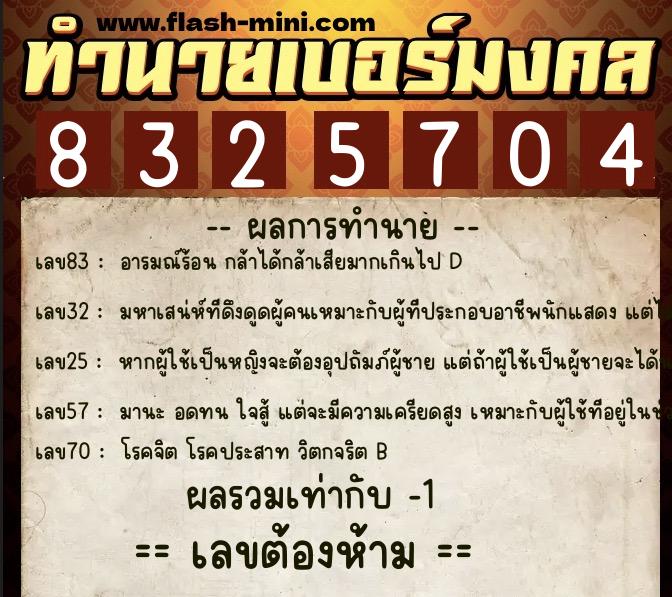 ทำนายเบอร์มงคล 0XX-8325704  ทำนายเบอร์มงคล หมายเลข 087-832570 