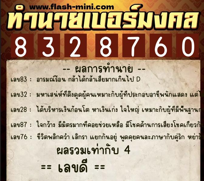 ทำนายเบอร์มงคล 0XX-8328760  ทำนายเบอร์มงคล หมายเลข 062-832876 