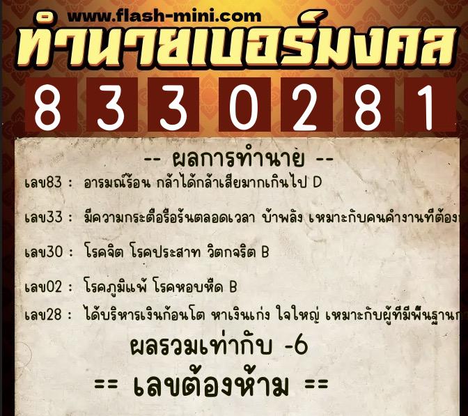 ทำนายเบอร์มงคล 0XX-8330281  ทำนายเบอร์มงคล หมายเลข 098-833028 