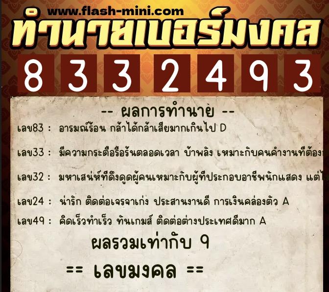 ทำนายเบอร์มงคล 0XX-8332493  ทำนายเบอร์มงคล หมายเลข 097-833249 