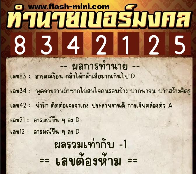 ทำนายเบอร์มงคล 0XX-8342125  ทำนายเบอร์มงคล หมายเลข 084-834212 