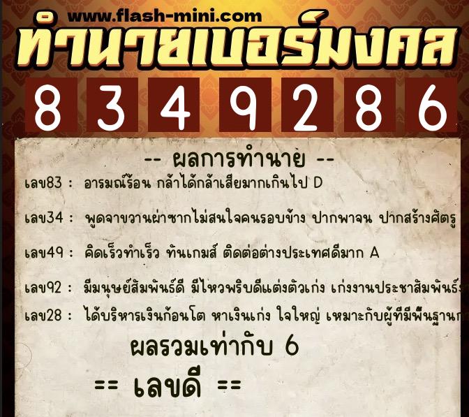 ทำนายเบอร์มงคล 0XX-8349286  ทำนายเบอร์มงคล หมายเลข 068-834928 