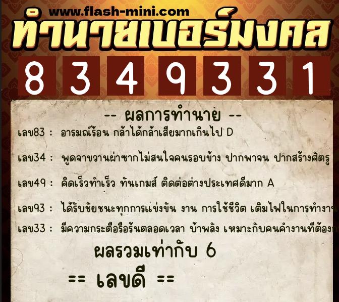 ทำนายเบอร์มงคล 0XX-8349331  ทำนายเบอร์มงคล หมายเลข 067-834933 