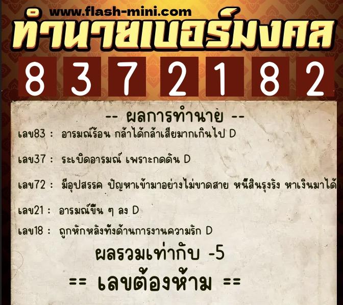 ทำนายเบอร์มงคล 0XX-8372182  ทำนายเบอร์มงคล หมายเลข 090-837218 