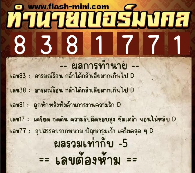 ทำนายเบอร์มงคล 0XX-8381771  ทำนายเบอร์มงคล หมายเลข 080-838177 