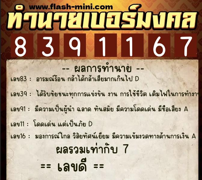 ทำนายเบอร์มงคล 0XX-8391167  ทำนายเบอร์มงคล หมายเลข 094-839116 