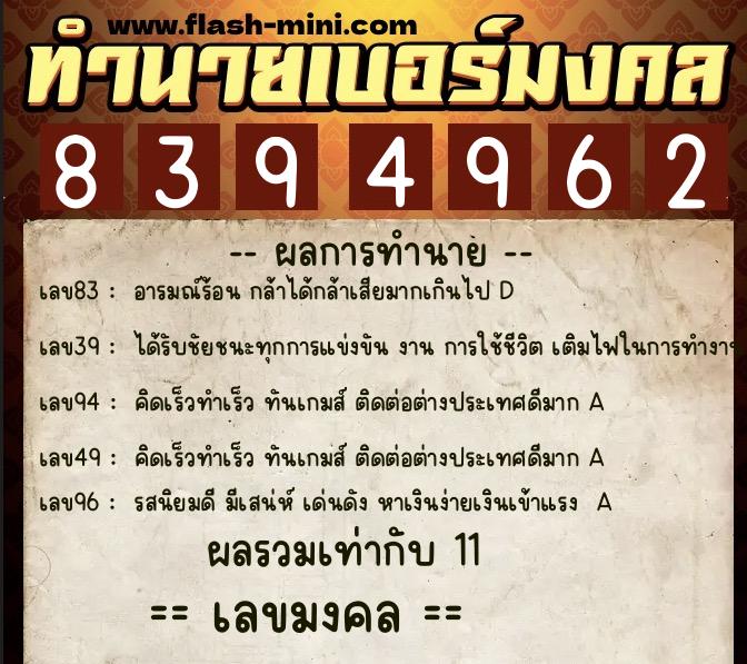 ทำนายเบอร์มงคล 0XX-8394962  ทำนายเบอร์มงคล หมายเลข 086-839496 