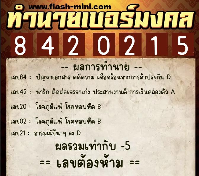 ทำนายเบอร์มงคล 0XX-8420215  ทำนายเบอร์มงคล หมายเลข 088-842021 