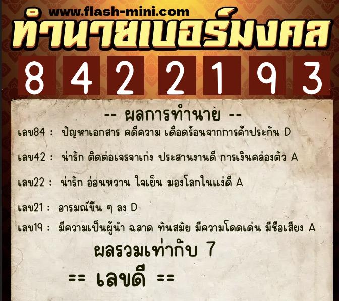 ทำนายเบอร์มงคล 0XX-8422193  ทำนายเบอร์มงคล หมายเลข 096-842219 