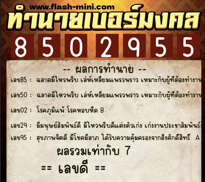 ทำนายเบอร์มงคล 0XX-8502955  ทำนายเบอร์มงคล หมายเลข 061-850295 