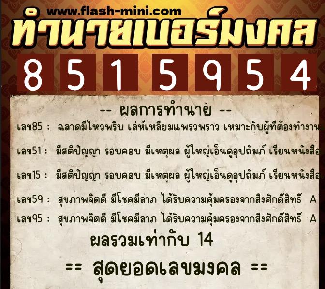 ทำนายเบอร์มงคล 0XX-8515954  ทำนายเบอร์มงคล หมายเลข 091-851595 