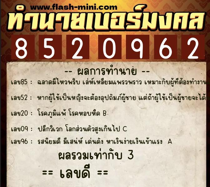 ทำนายเบอร์มงคล 0XX-8520962 ทำนายเบอร์มงคล หมายเลข 081-852096 ทำนายเบอร์มงคล 0XX-8520962 ทำนายเบอร์มงคล หมายเลข 081-852096