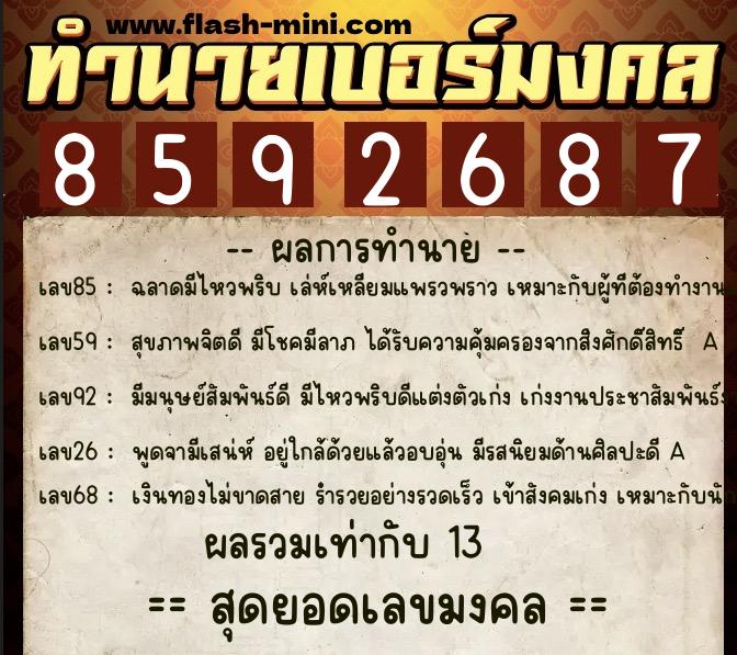 ทำนายเบอร์มงคล 0XX-8592687  ทำนายเบอร์มงคล หมายเลข 082-859268 