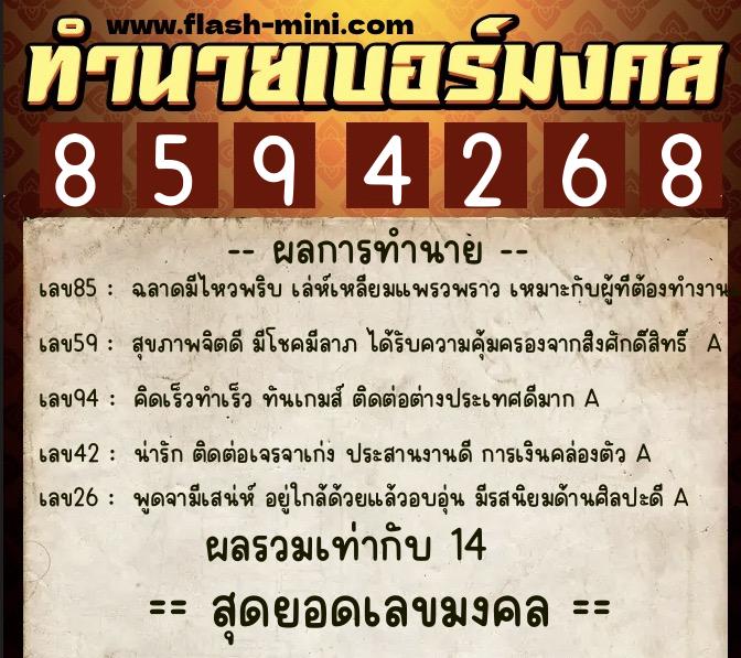 ทำนายเบอร์มงคล 0XX-8594268  ทำนายเบอร์มงคล หมายเลข 097-859426 