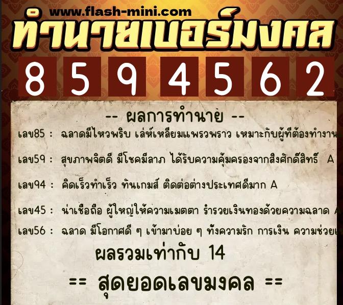 ทำนายเบอร์มงคล 0XX-8594562  ทำนายเบอร์มงคล หมายเลข 067-859456 