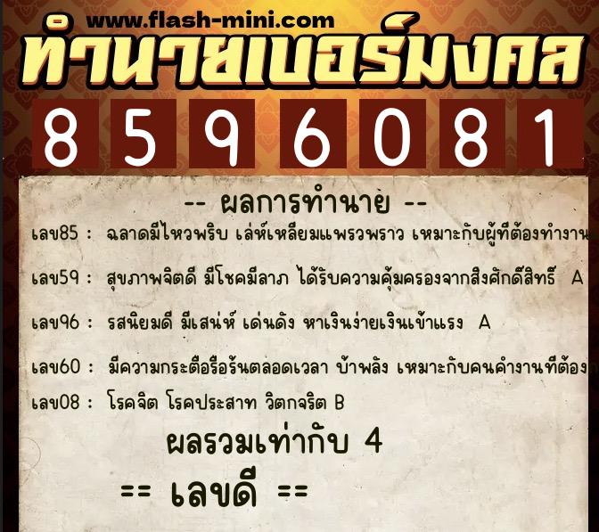 ทำนายเบอร์มงคล 0XX-8596081  ทำนายเบอร์มงคล หมายเลข 092-859608 
