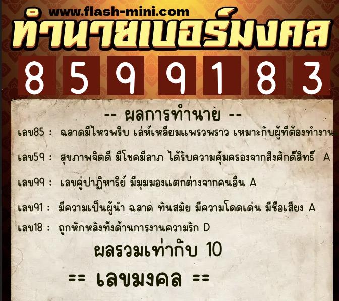 ทำนายเบอร์มงคล 0XX-8599183  ทำนายเบอร์มงคล หมายเลข 068-859918 