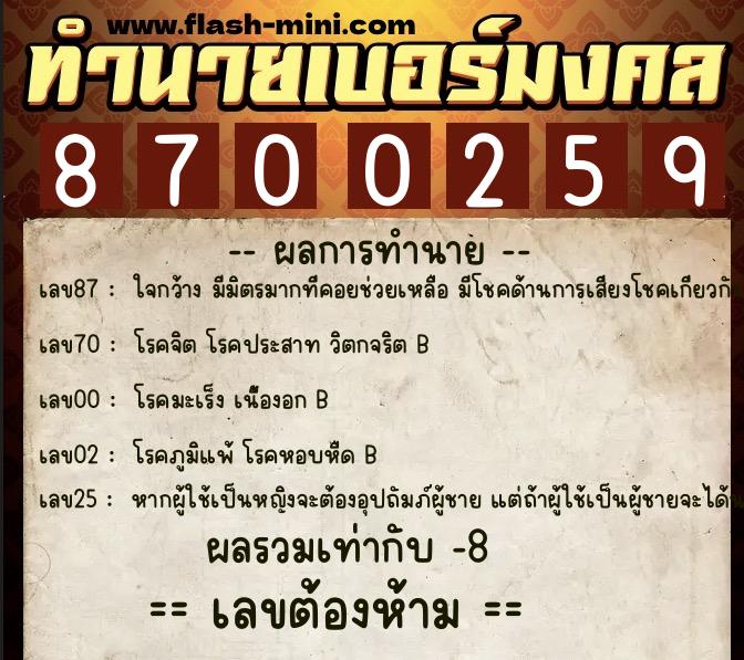 ทำนายเบอร์มงคล 0XX-8700259  ทำนายเบอร์มงคล หมายเลข 084-870025 