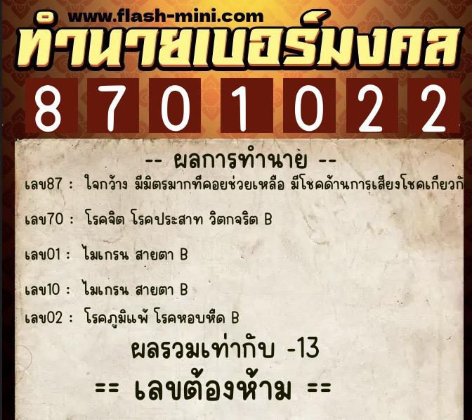 ทำนายเบอร์มงคล 0XX-8701022 ทำนายเบอร์มงคล หมายเลข 064-870102 ทำนายเบอร์มงคล 0XX-8701022 ทำนายเบอร์มงคล หมายเลข 064-870102