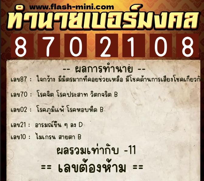 ทำนายเบอร์มงคล 0XX-8702108  ทำนายเบอร์มงคล หมายเลข 092-870210 