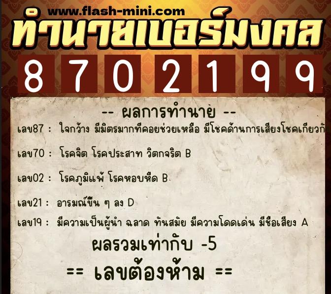 ทำนายเบอร์มงคล 0XX-8702199  ทำนายเบอร์มงคล หมายเลข 088-870219 