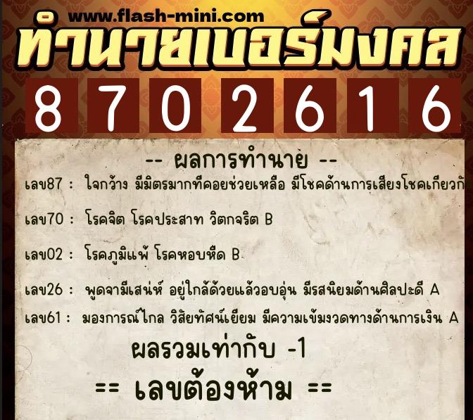 ทำนายเบอร์มงคล 0XX-8702616  ทำนายเบอร์มงคล หมายเลข 061-870261 