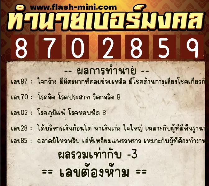 ทำนายเบอร์มงคล 0XX-8702859  ทำนายเบอร์มงคล หมายเลข 086-870285 