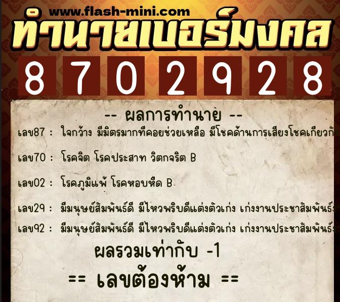 ทำนายเบอร์มงคล 0XX-8702928  ทำนายเบอร์มงคล หมายเลข 096-870292 