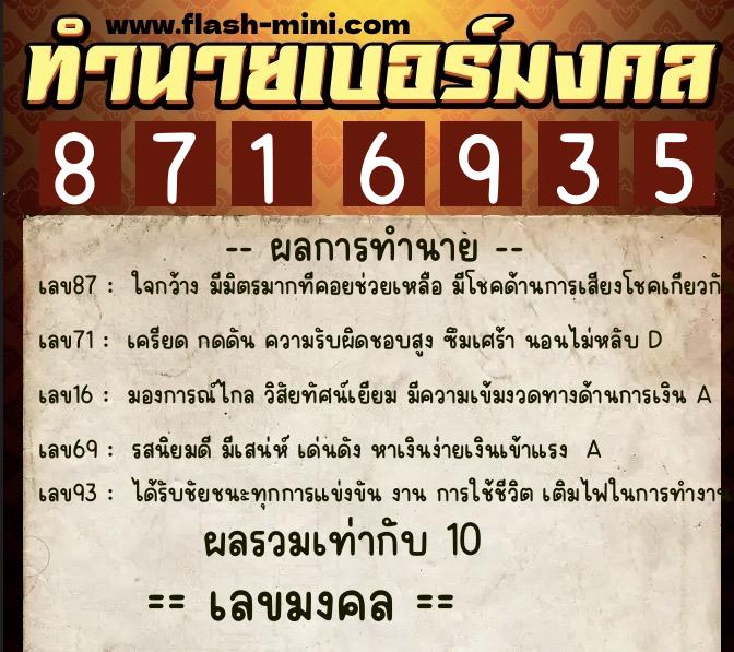 ทำนายเบอร์มงคล 0XX-8716935  ทำนายเบอร์มงคล หมายเลข 089-871693 