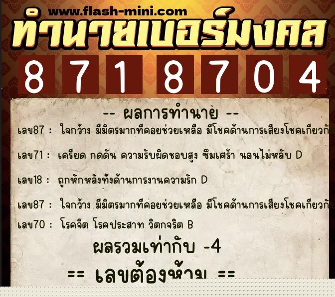 ทำนายเบอร์มงคล 0XX-8718704  ทำนายเบอร์มงคล หมายเลข 099-871870 