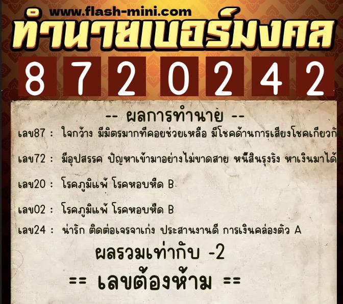 ทำนายเบอร์มงคล 0XX-8720242  ทำนายเบอร์มงคล หมายเลข 094-872024 