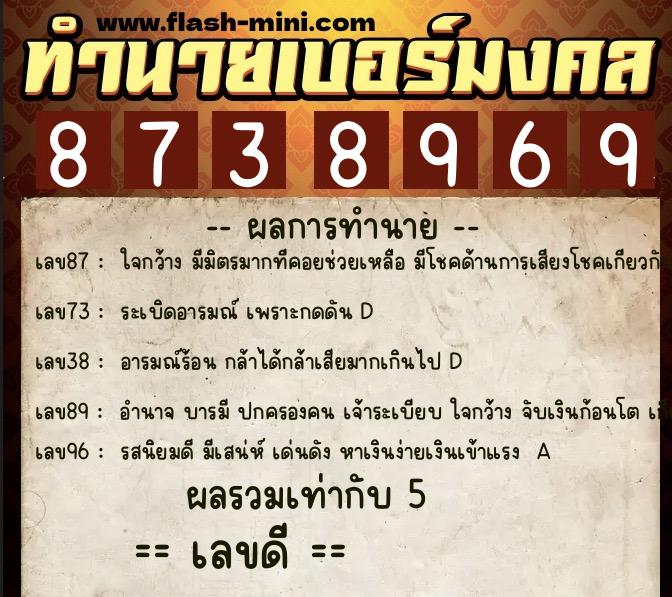 ทำนายเบอร์มงคล 0XX-8738969  ทำนายเบอร์มงคล หมายเลข 083-873896 