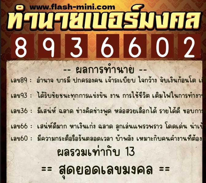 ทำนายเบอร์มงคล 0XX-8936602  ทำนายเบอร์มงคล หมายเลข 098-893660 
