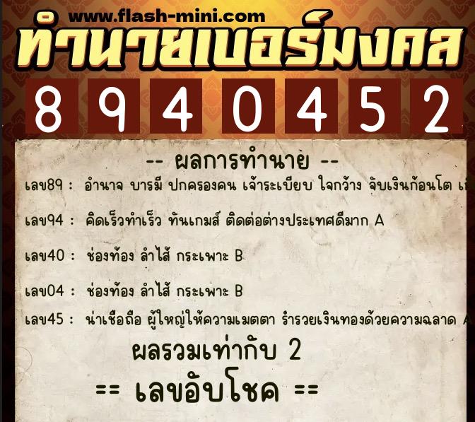 ทำนายเบอร์มงคล 0XX-8940452  ทำนายเบอร์มงคล หมายเลข 061-894045 
