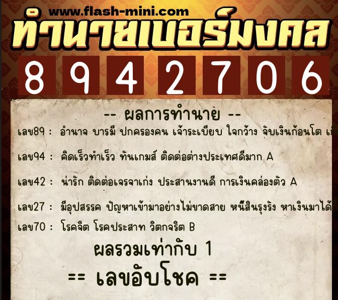 ทำนายเบอร์มงคล 0XX-8942706  ทำนายเบอร์มงคล หมายเลข 084-894270 