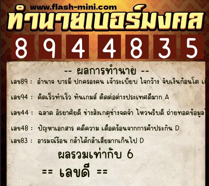 ทำนายเบอร์มงคล 0XX-8944835  ทำนายเบอร์มงคล หมายเลข 093-894483 