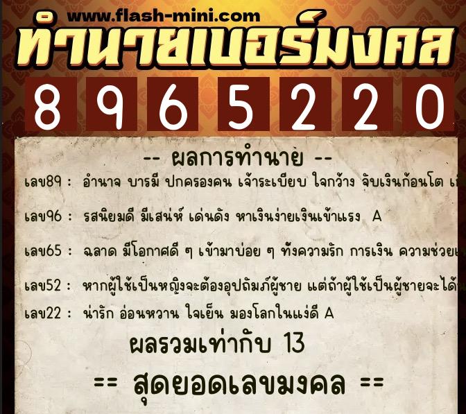 ทำนายเบอร์มงคล 0XX-8965220  ทำนายเบอร์มงคล หมายเลข 099-896522 